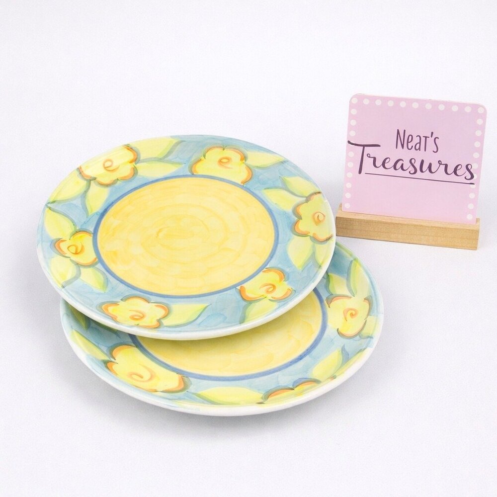 Heritage Mint SPRING ACCENT 70s Style Large Yellow Flowers Dinner Plates Set 2